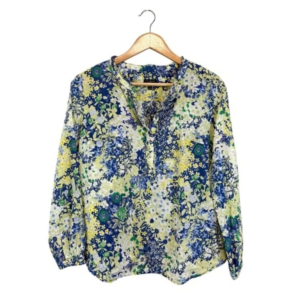 Talbots Cotton Floral Blouse Half Button Pullover Blue Yellow Print, Size MP